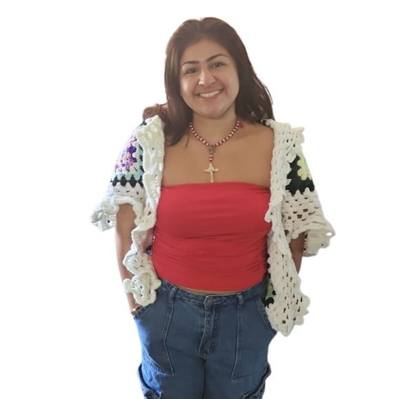 Hand Crafted Crochet Granny Square Cardigan open front Hooded Colorfull Sweater - Picture 3 of 17